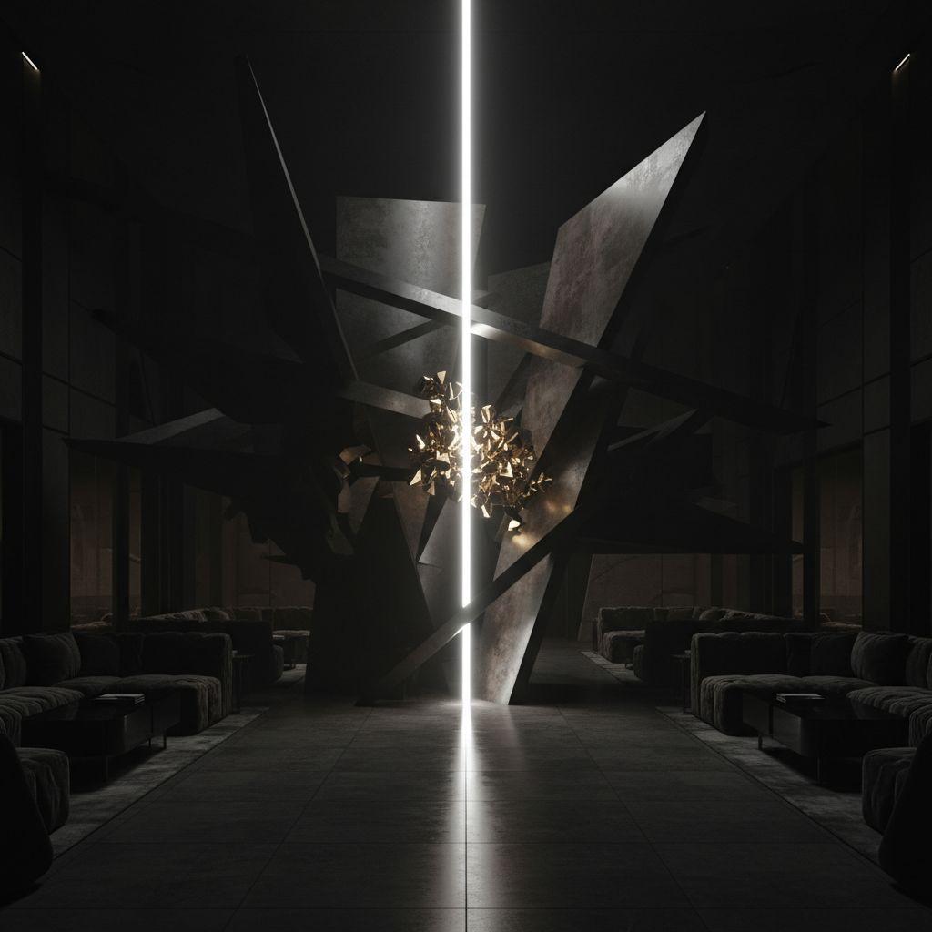 A dark chamber with a single vertical shaft of light falling between angular forms